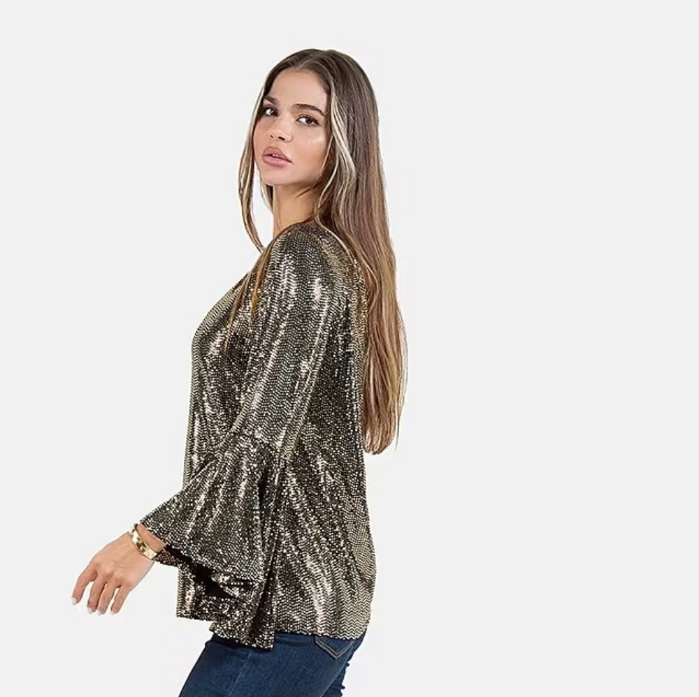 Fever Gold Women's Glitter Dot Symphony Sleeve Top Size M NWT - Picture 3 of 3